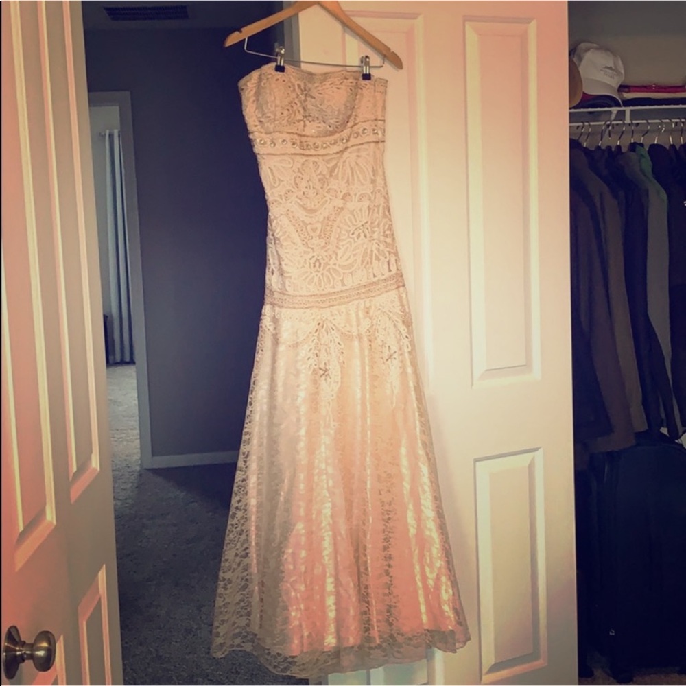 Cream Pink Strapless Lace Sue Wong Gown